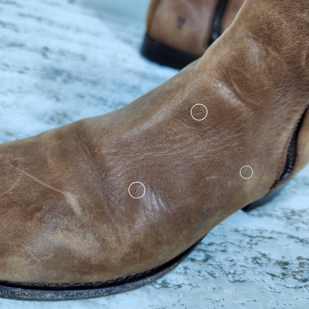 FRYE "Carly Chelsea" Cognac Double Zip Leather Ankle Bootie | Women's Size 6B - Picture 11 of 13
